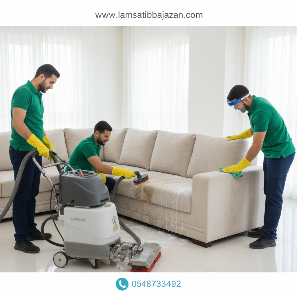 عمال شركة تنظيف كنب بجازان يستخدمون أجهزة البخار لتنظيف وتطهير الأرائك